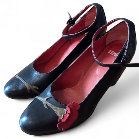 Camper Women's Leather Mary Jane Flower Print Feminine Preppy Shoes Black Sz 36 - Picture 2 of 14